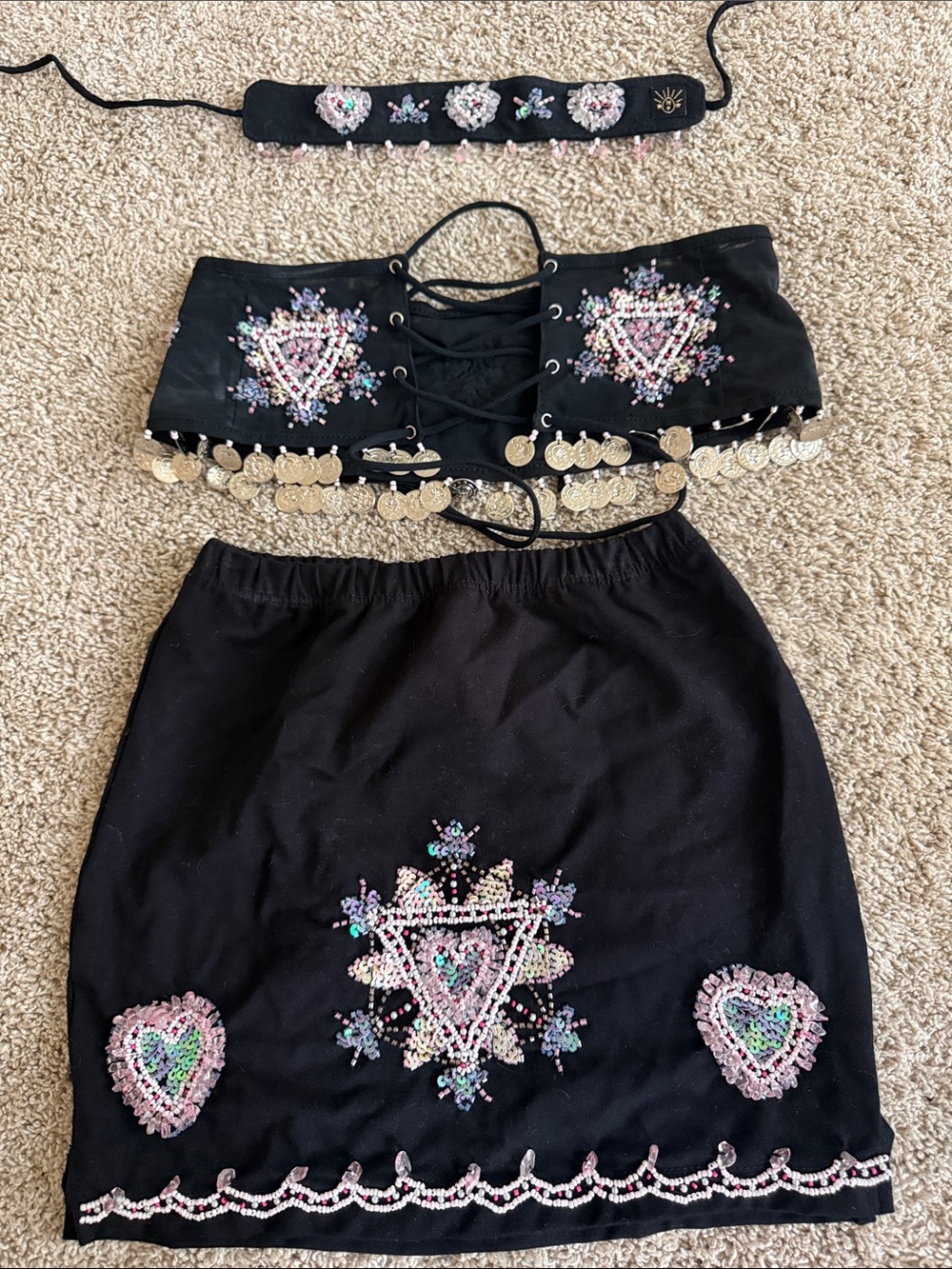 Her Pony Black Mini Skirt Embellished Crop Set with Pink & Iridescent Accents